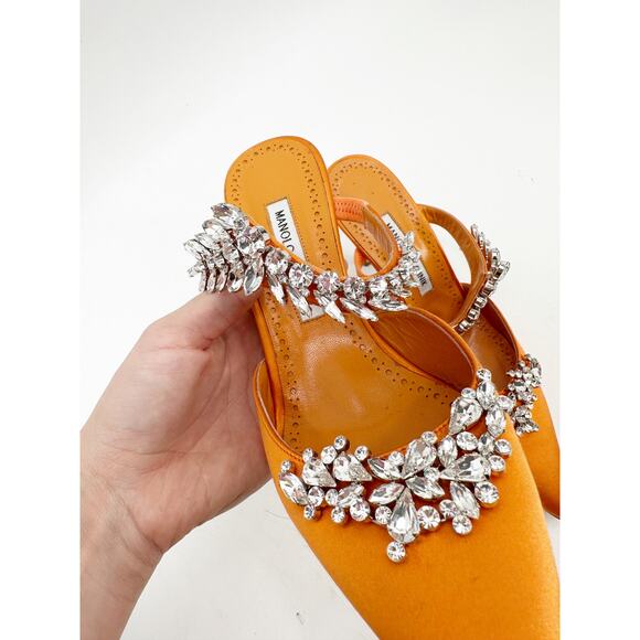 Manolo Blahnik Orange Satin Crystal Embellished 90 Mules 39.5 - Picture 5 of 10